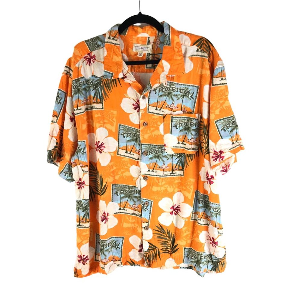 Ocean & Coast Mens Tropical Hawaiian Shirt Orange Floral Short Sleeve XXL